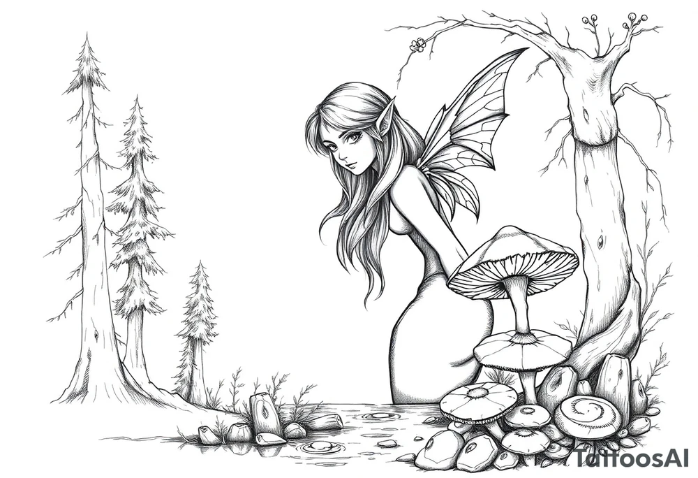Elf with forest and mushrooms and water tattoo idea