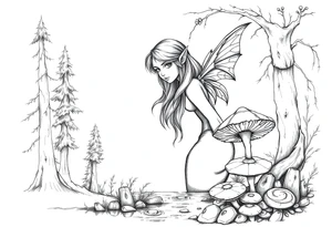 Elf with forest and mushrooms and water tattoo idea