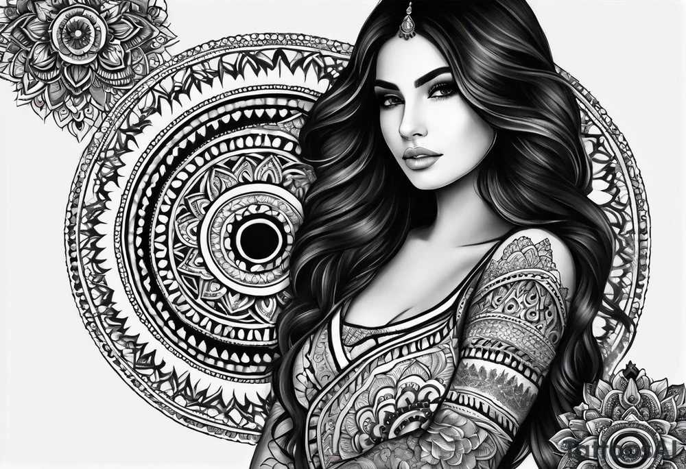 Full sleeve arm mandala henna female tattoo with mushroom henna at shoulder tattoo idea