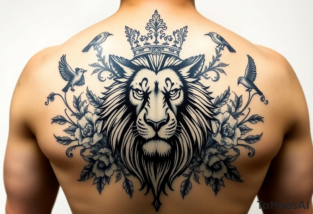 powerful majestic lion with a crown, surrounded by floral ornaments and birds tattoo idea
