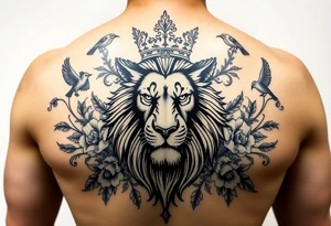 powerful majestic lion with a crown, surrounded by floral ornaments and birds tattoo idea