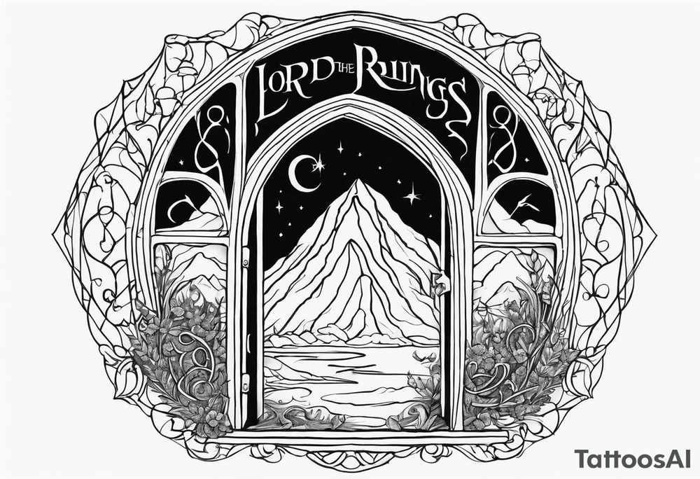 Lord of the rings and Harry Potter movie mashup. Small and simple. Not too much artistic detail. Hobbit door hole, wands, elvish writing, deathly hallows tattoo idea