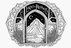 Lord of the rings and Harry Potter movie mashup. Small and simple. Not too much artistic detail. Hobbit door hole, wands, elvish writing, deathly hallows tattoo idea