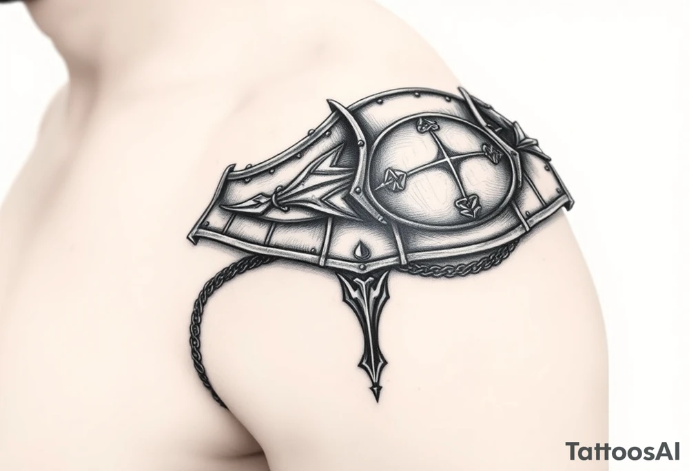 Exquisitely detailed shoulder pauldron with chainmail and plate armor from trapezius I below elbow tattoo idea