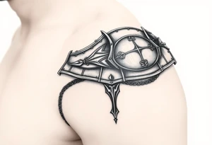 Exquisitely detailed shoulder pauldron with chainmail and plate armor from trapezius I below elbow tattoo idea