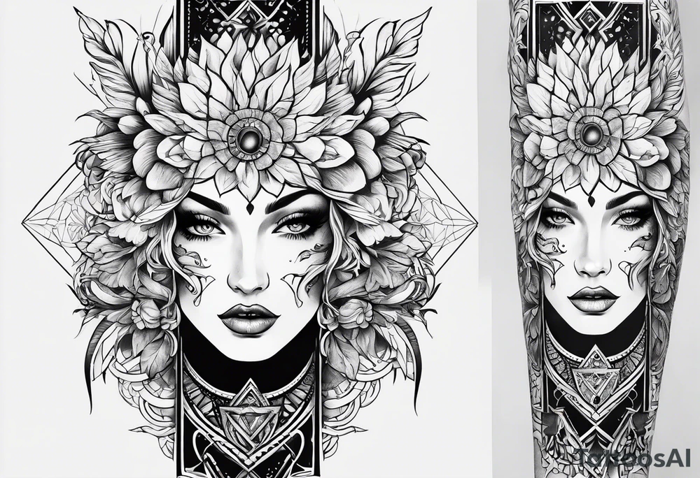 A tattoo that is geometric and incorporates elements of Burning Man and fire and flowers tattoo idea