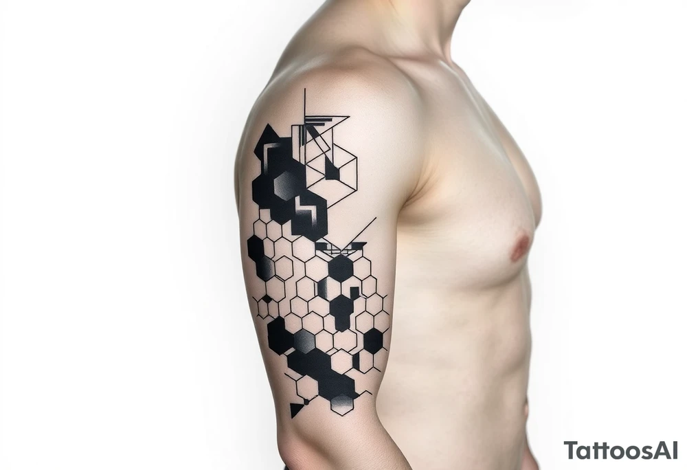design a full “sleeve” tattoo that consists of a base layer of abstract hexagon pattern overlaid with a little blackwork abstract while incorporating the top tattoo and integrating slight biomech designs tattoo idea