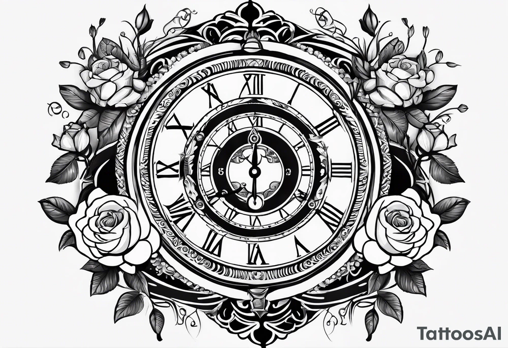 I want a design to print on t-shirts. The design is an hourglass with a wristwatch in the middle with Amazigh numbers, and this watch is surrounded by planets and Ashulk roses,
tattoo for all arms. tattoo idea