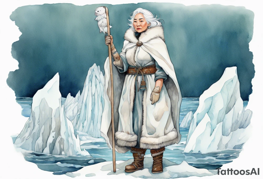 a middle aged Inuit woman with white hair, wearing mittens, mukluks, and a white cloak. Holding a white staff. Standing on an iceberg in the sea tattoo idea