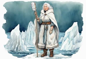 a middle aged Inuit woman with white hair, wearing mittens, mukluks, and a white cloak. Holding a white staff. Standing on an iceberg in the sea tattoo idea