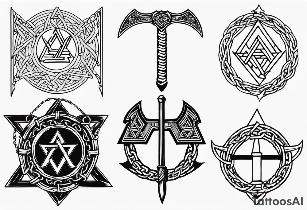 Valhalla sword shield axe barbed wire chains valknut tattoo idea