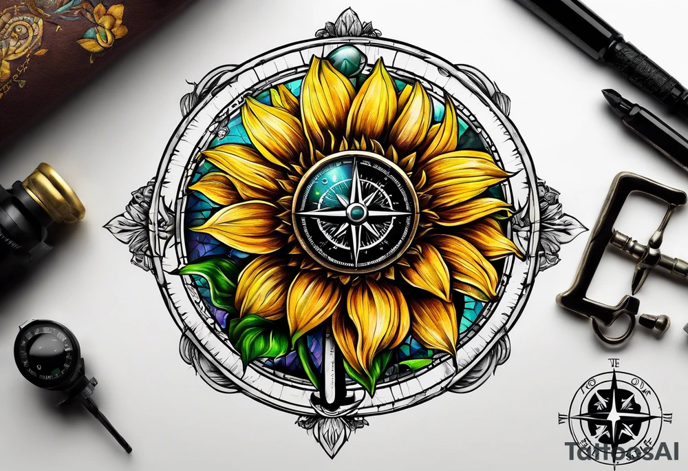 Sunflower and a compass, with the words "To Thine Own Self Be True" tattoo idea