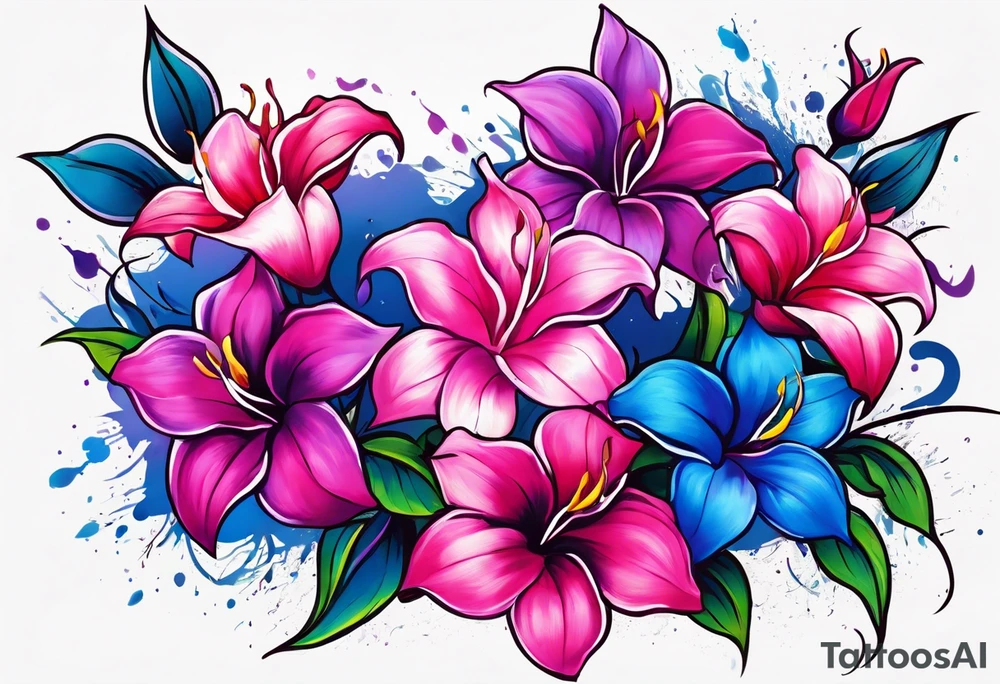 brushstroke abstract pink, purple, and blue mandevilla flowers on a vine, with color leaking out into the background. SOme of the flowers should be full color, and some just linework. It should have a handdrawn, sketch feel. tattoo idea