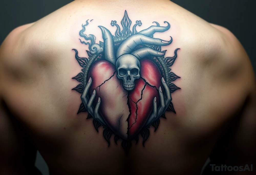A heart that's half broken holding on by a thread and cracked with mandala art around it a city behind it 3 baby hands smoke and demons a skull floating showing it's a single mom just trying to get by tattoo idea