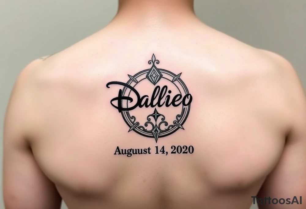 disney symbol with the name Galileo and the date August 14,2020, incorporated tattoo idea