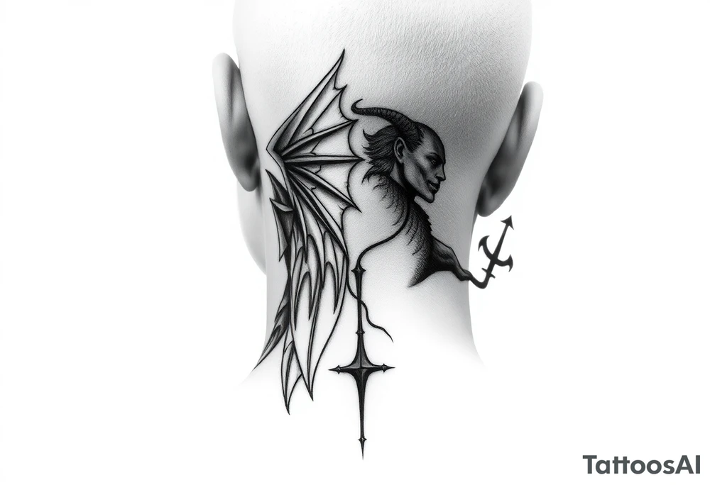position behind the neck Angel (on the right) whispering in the right ear, demon (on the left) whispering in the left ear. It must be as realistic as possible. tattoo idea