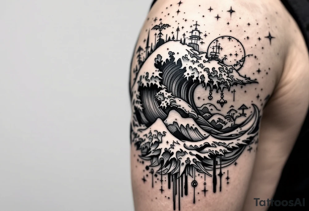 Fine line powerful ocean half sleeve with a wave, a whale and other elements with some shading tattoo idea