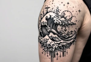 Fine line powerful ocean half sleeve with a wave, a whale and other elements with some shading tattoo idea