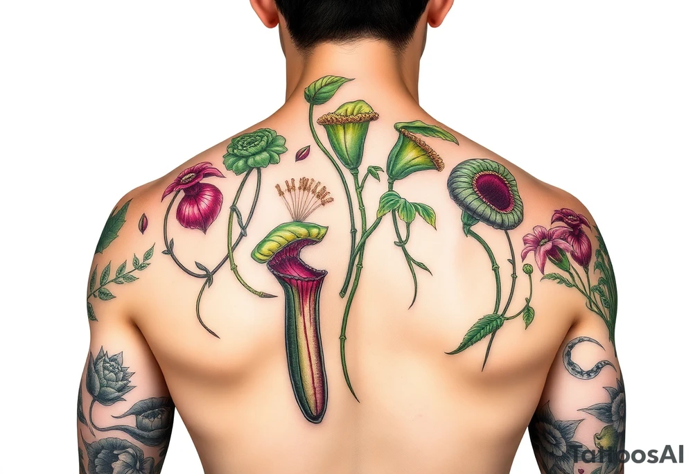 carnivorous plants neck, chest, back, and arm sleeves
I want these spots covered in these plants, ranging from venus fly traps to others tattoo idea
