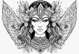 kali, alien goddess, valkrye, zenza, lotus, wing, pachamama, tattoo idea