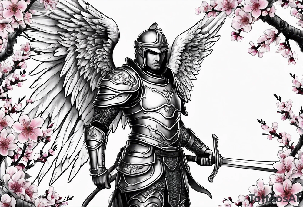 Angel in armor under a cherry blossom tree tattoo idea