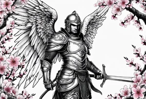 Angel in armor under a cherry blossom tree tattoo idea