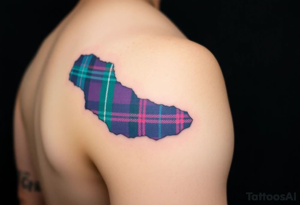 Side of arm Dark Purple with green pink blue and white highlights tartan fabric with skin peeling away at edges tattoo idea