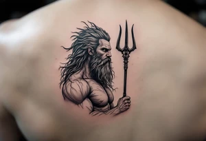 fit poseidon, with trident, looking at the horizon tattoo idea