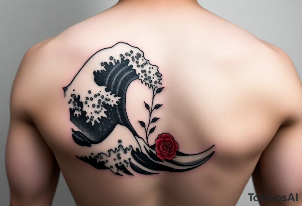 Shoulder tattoo of the Great Wave of Kanagawa in black and white with a small beautiful red rose with in the space where the wave curves tattoo idea