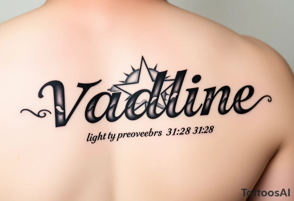The name Vadline large print text on a human forearm in stencil format hot dog direction hyper realistic star with clouds and subtext underneath is the quote proverbs 31:28 from the bible tattoo idea