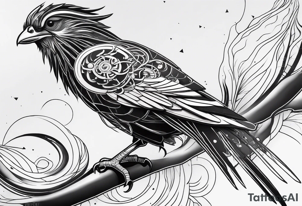 Minimalistic Cyberpunk Quetzal that has cybernetic neurons coming from the bottom. tattoo idea