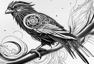 Minimalistic Cyberpunk Quetzal that has cybernetic neurons coming from the bottom. tattoo idea
