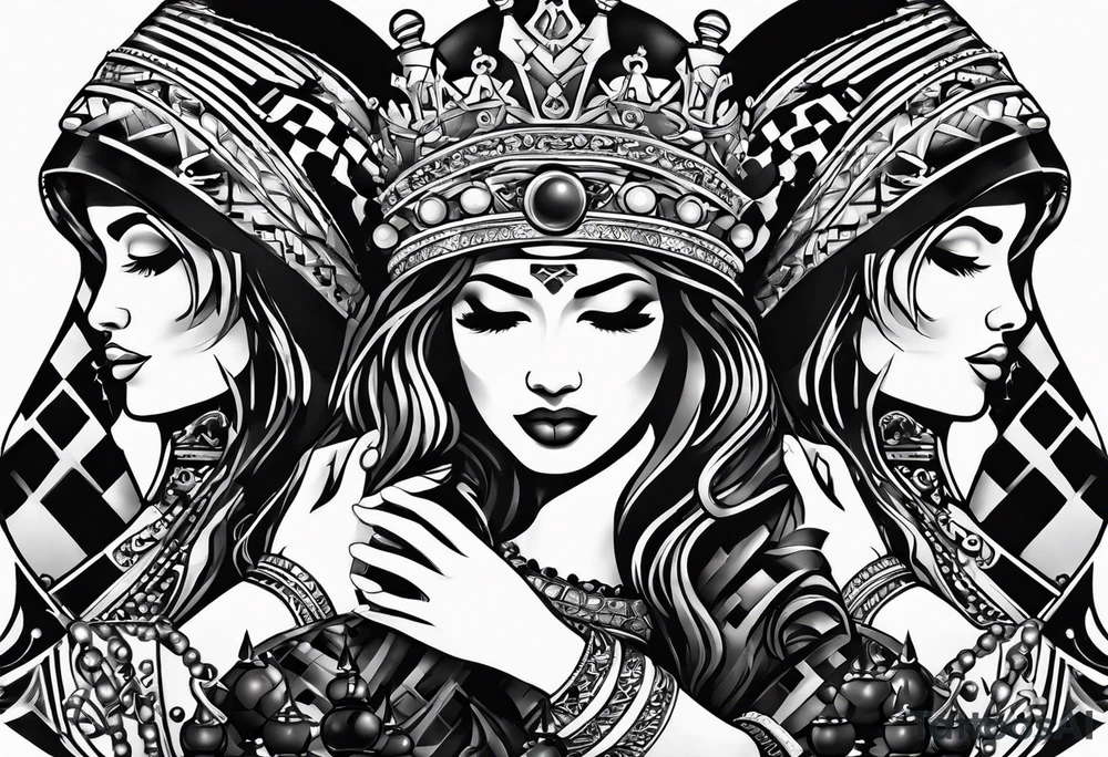 narrow rectangle strip made of chess queens and pawns holding hands tattoo idea