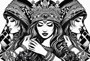 narrow rectangle strip made of chess queens and pawns holding hands tattoo idea