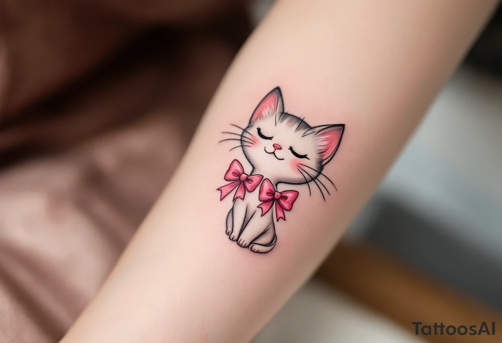 This cute cat tattoo of Marie with two pink bows in soft whites and pinks is a must for any The Aristocats fan. tattoo idea