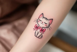 This cute cat tattoo of Marie with two pink bows in soft whites and pinks is a must for any The Aristocats fan. tattoo idea