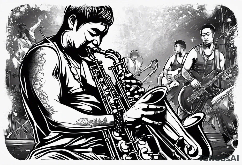 Muay thai boxer playing on tenor saxophone in a jazz club front of a jazz trio band. The notes are coming out from the saxophone and turning into buddhist symbols. tattoo idea