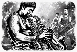 Muay thai boxer playing on tenor saxophone in a jazz club front of a jazz trio band. The notes are coming out from the saxophone and turning into buddhist symbols. tattoo idea