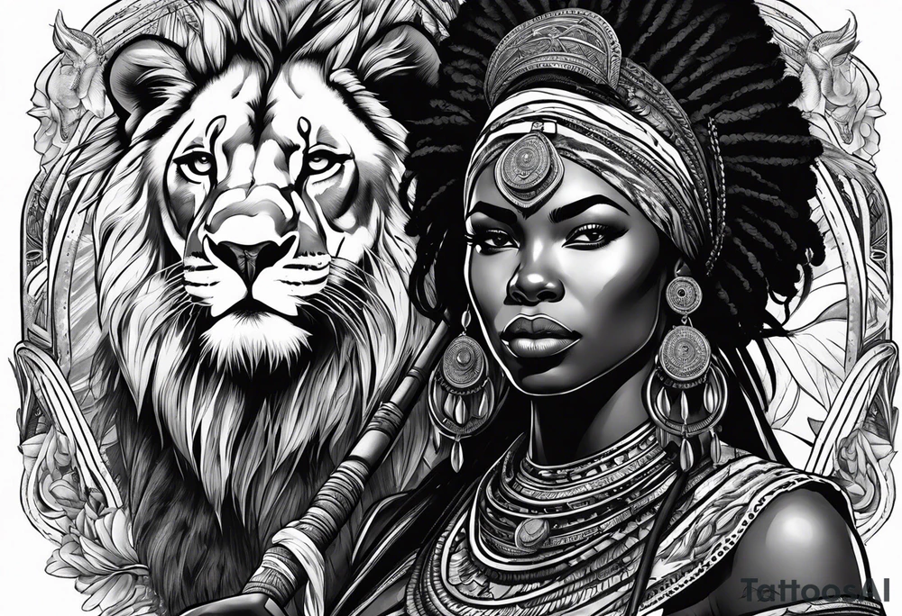 African woman warrior holding spear with deadlocks and earrings. With lion and birds in the background tattoo idea