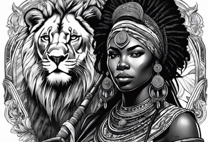 African woman warrior holding spear with deadlocks and earrings. With lion and birds in the background tattoo idea