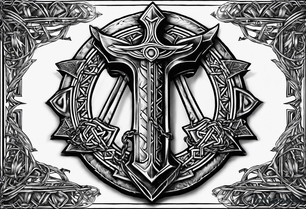 Valhalla sword shield  axe Valknut barbed wire chains tattoo idea
