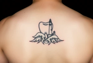 “A molar tooth cradled by waves of the ocean with a tiny lighthouse beside it, clean linework tattoo tattoo idea