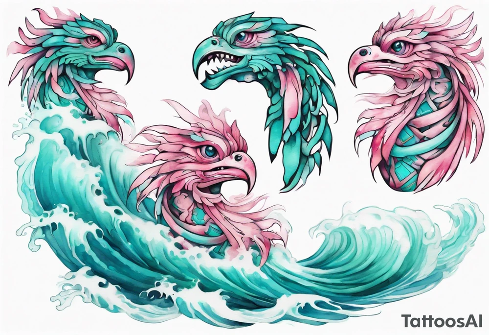 a beautiful turquoise pink and white sea Quetzalcoatl rising from the waves of the ocean with a feminine face tattoo idea