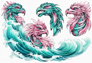 a beautiful turquoise pink and white sea Quetzalcoatl rising from the waves of the ocean with a feminine face tattoo idea
