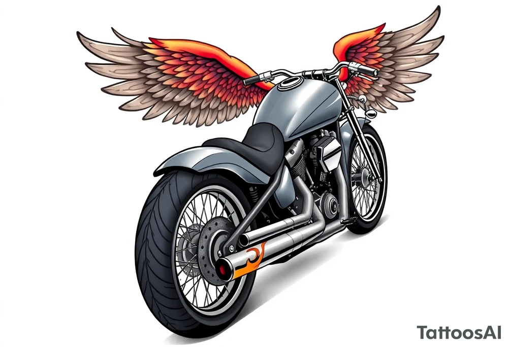Low rider grey motorcycle, big muffler pipes with flames, angel wings, driving away, no person tattoo idea
