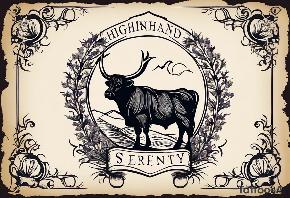 I want to create a tattoo of a personal coat of arms I want to incorporate the highlands as a silhouette and the serenity prayer (highlighting Serenity, Courage, Wisdom) as a scroll at the bottom For the coat of arms, 4 points are music, highland cow, thistle/heather, and border collie head/ears silhouette. I would also like a rosary incorporated tattoo idea