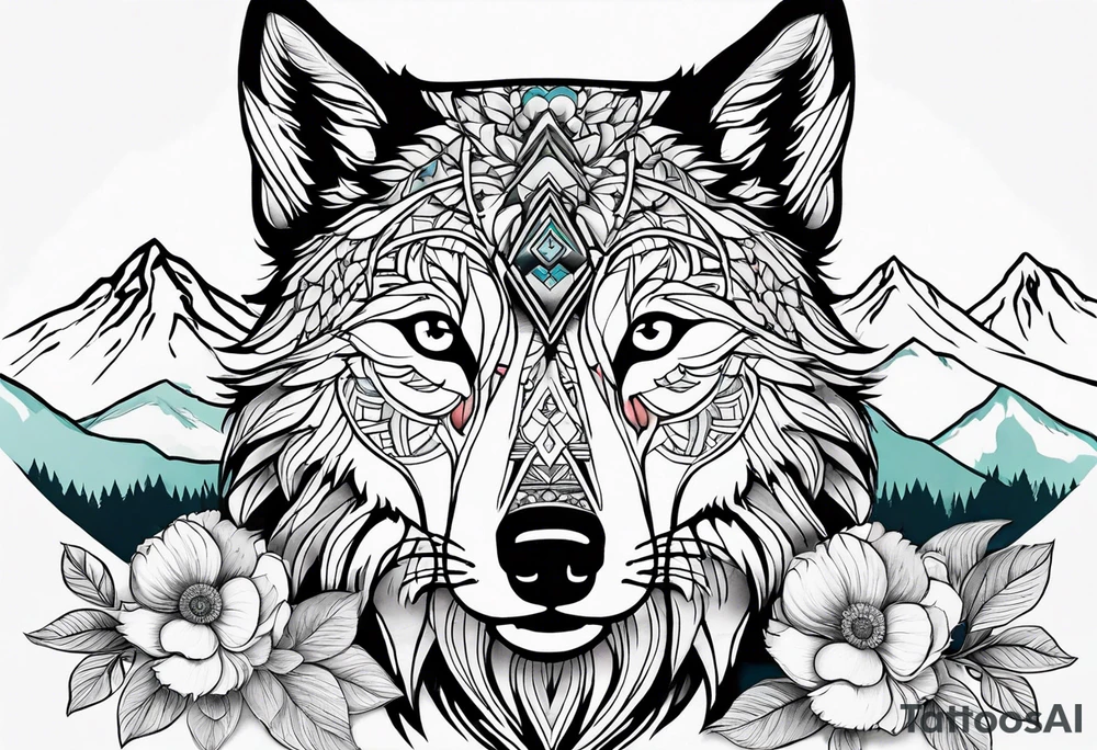 A whimsical wolf tattoo featuring mandala or dream catcher elements, with the wolf as the central focus, surrounded by mountains in the background. Include flowers and nature elements to fill the space around the wolf. Some color but not completely solid bold color tattoo idea