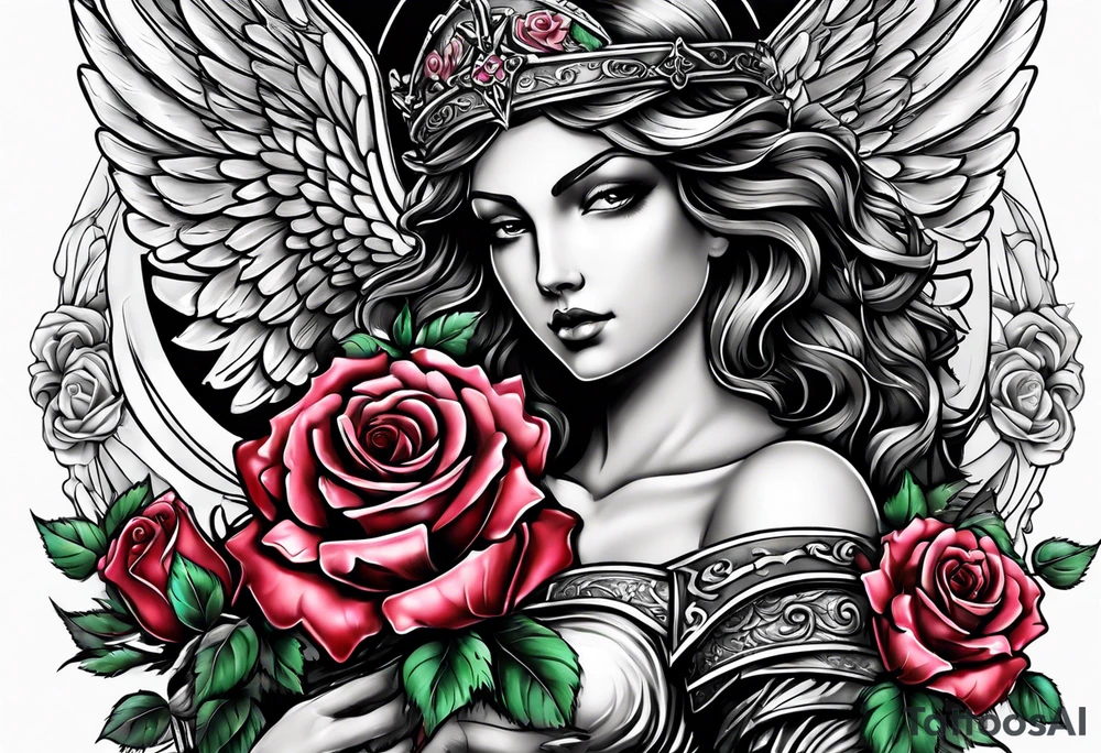 Armored angel holding a cross and colored roses tattoo idea
