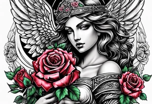 Armored angel holding a cross and colored roses tattoo idea