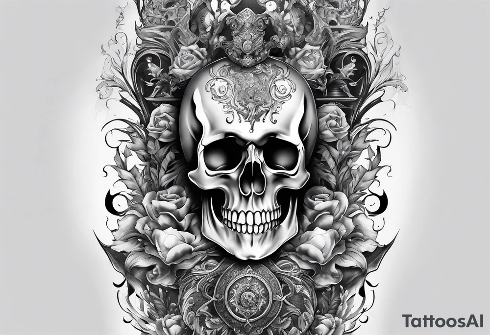 Sleeve tattoo. Good vs evil. Gothic elements, skulls and ancient elements tattoo idea